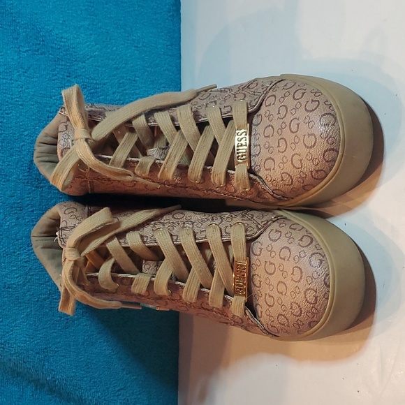 Guess High Top Sneakers, Women's Shoes, Wedge Sneaker, Brown High Top Shoe, Tan - Picture 3 of 10